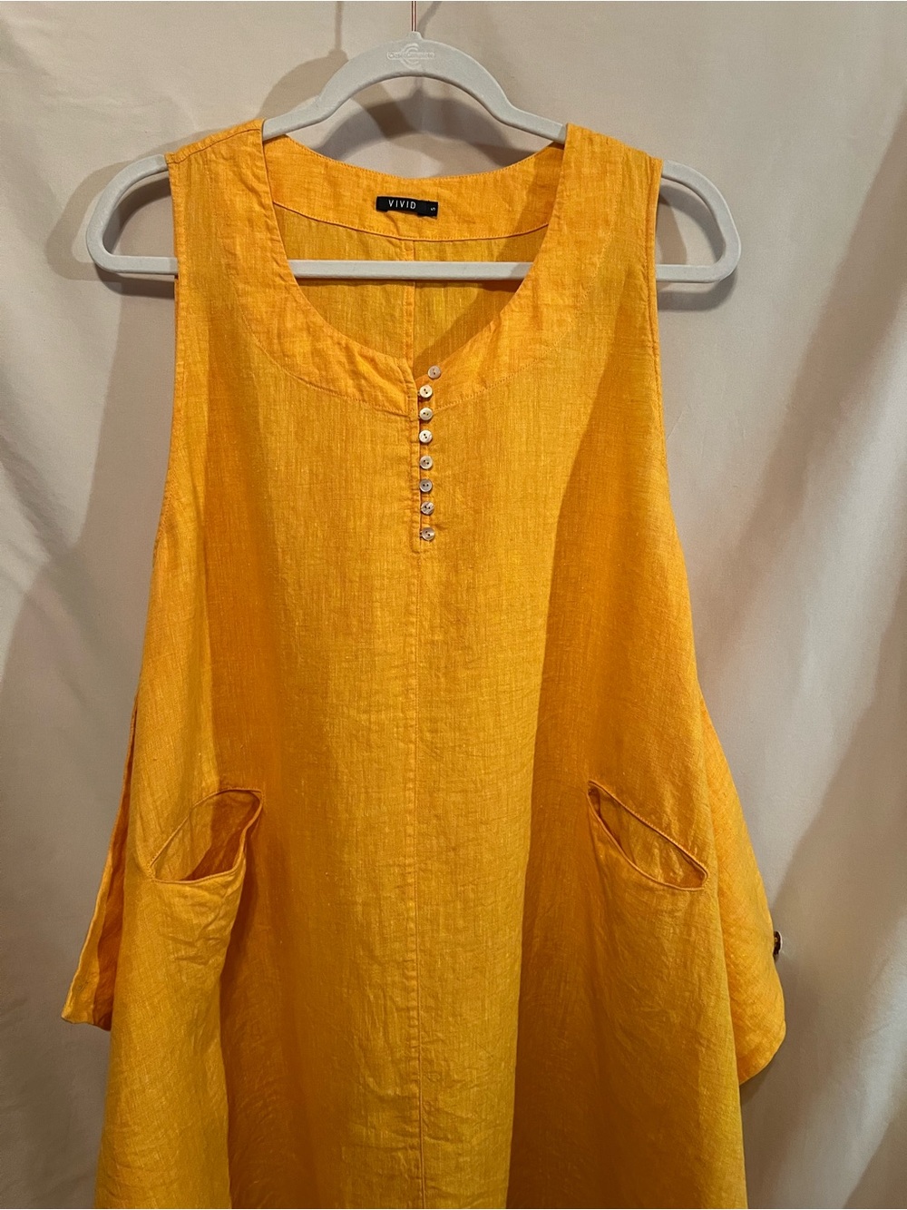 Vivid Linen Yellow Sleeveless Linen Tunic with Pockets Size S
